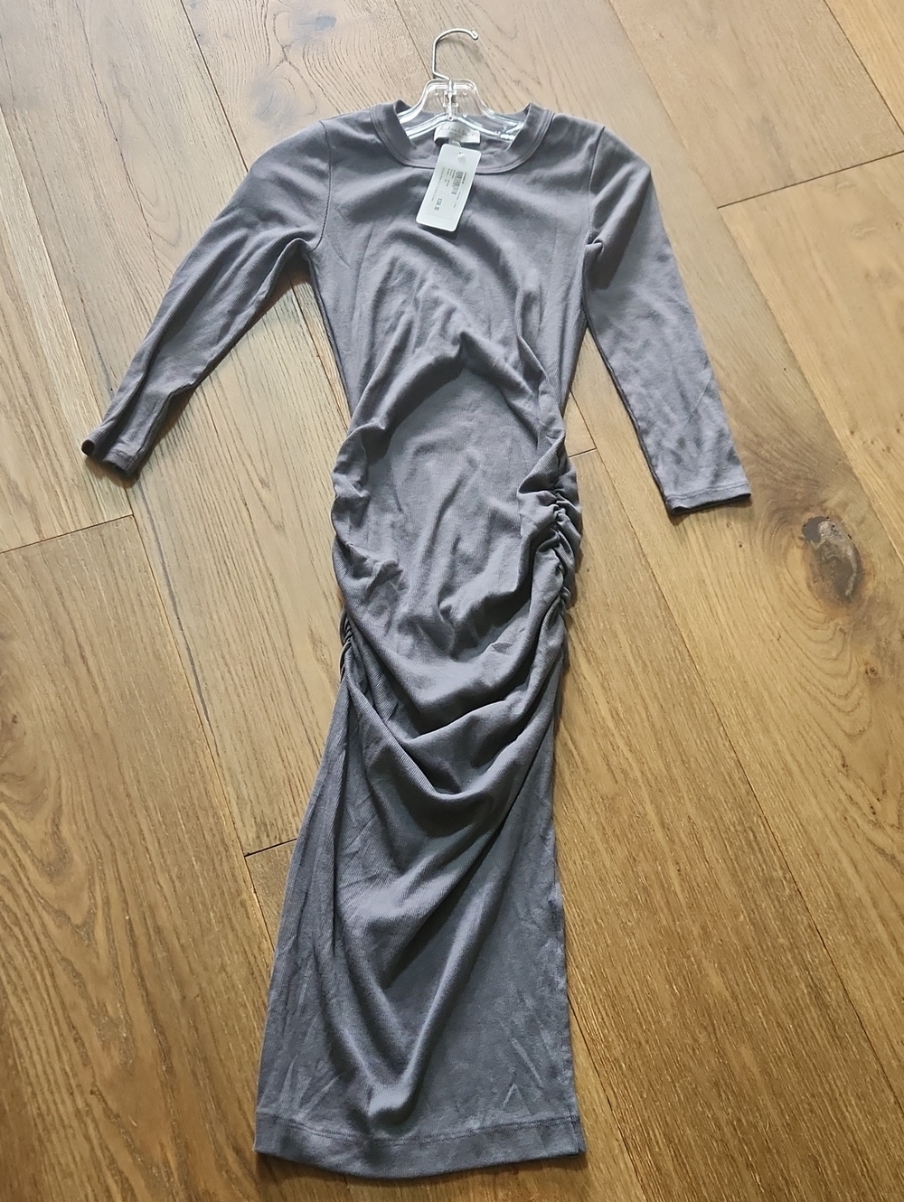 Ruched 3/4  Sleeve Midi Dress in Gray